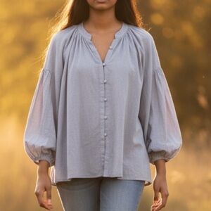 Faherty Naomi Linen Blend Balloon Sleeve Gray Button Down Blouse Womens Small